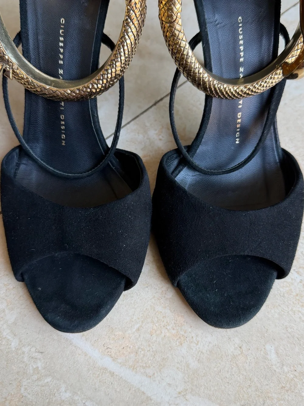 Giuseppe Zanotti Black Suede Heels with Gold Snake Detail sz 39